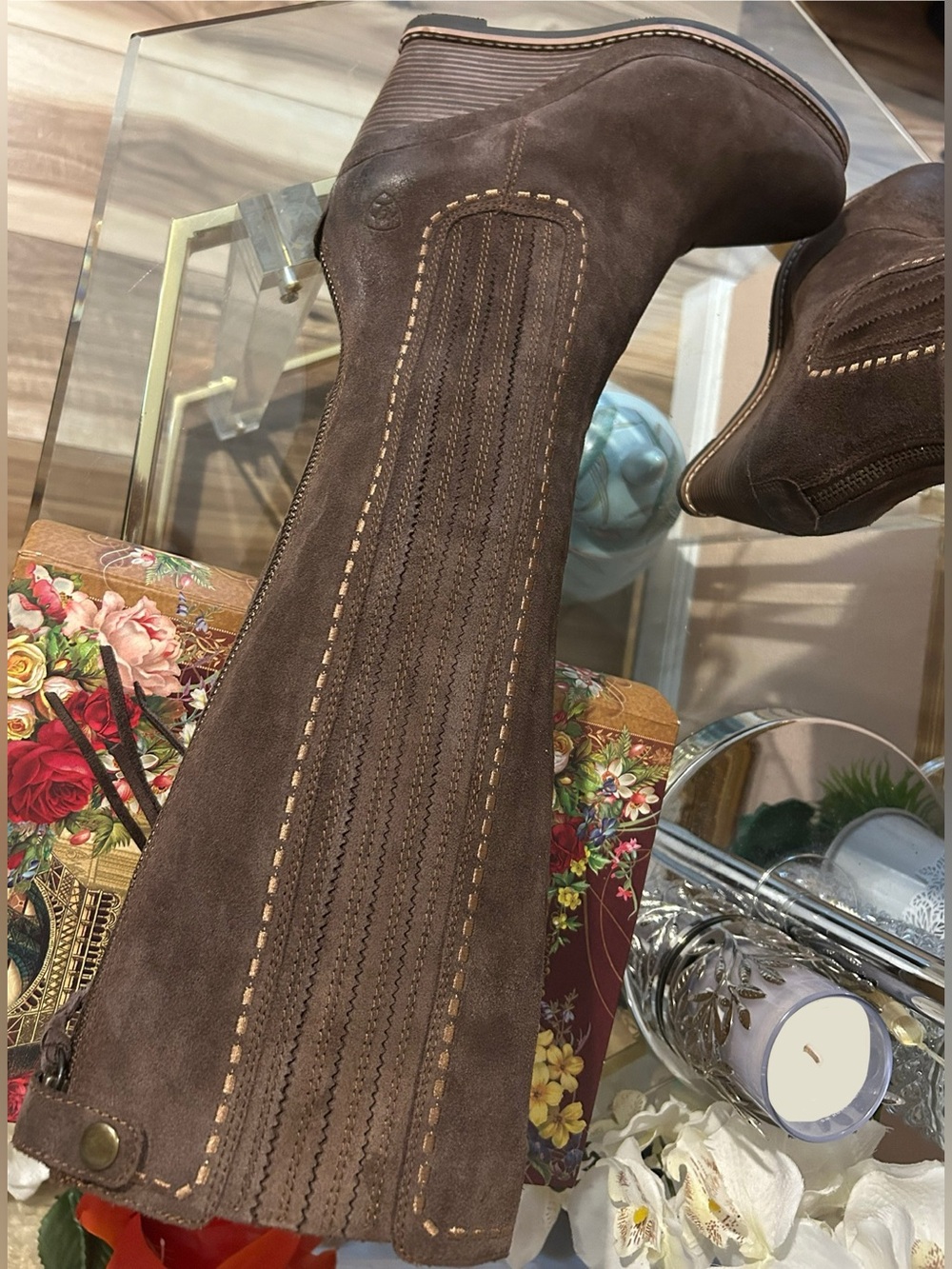 Ariat Brown Suede Leather Wedge Knee-High Boots with Braided Tassel Zipper Sz 7 - Picture 7 of 16